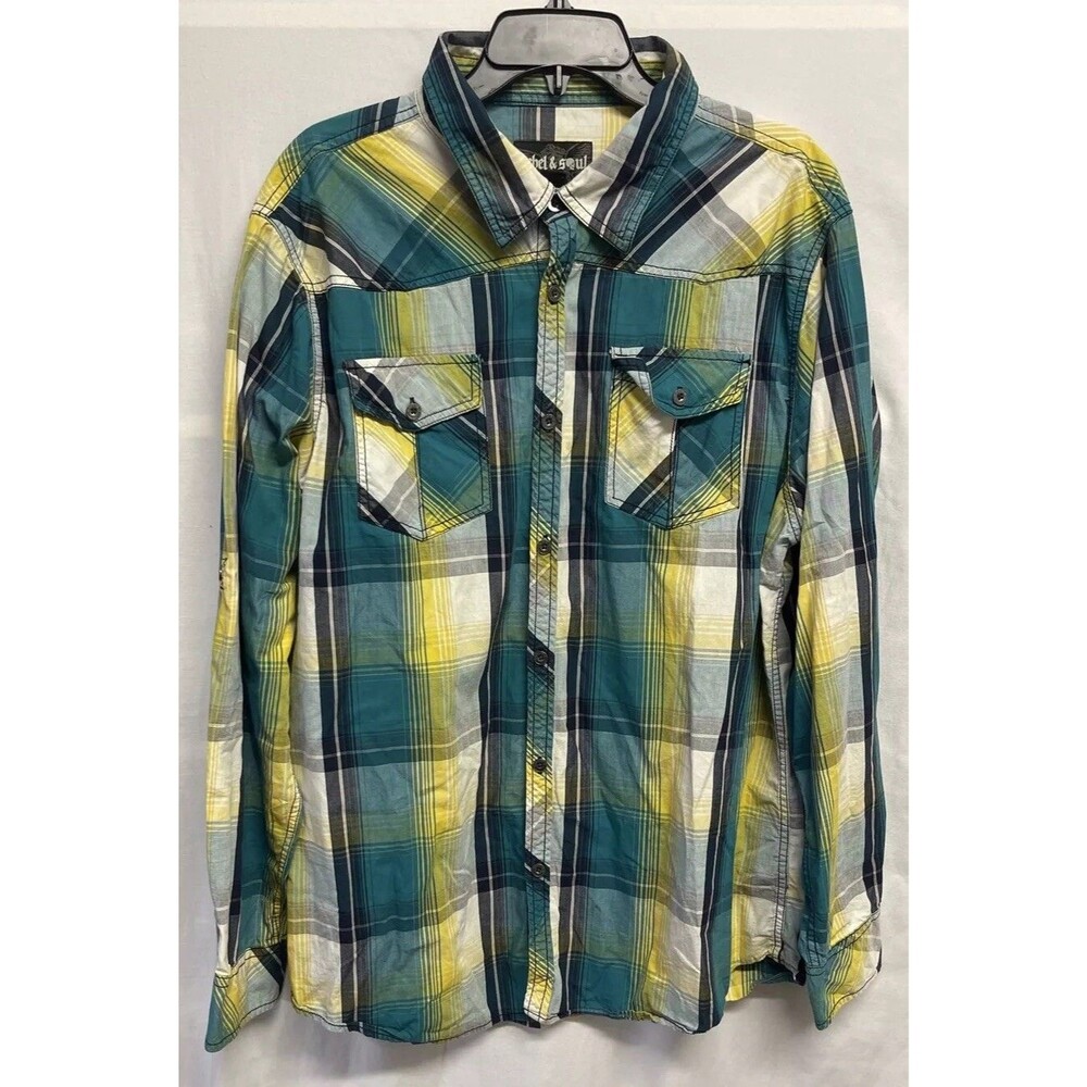 Rebel & Soul Mens Size 2XL XXL Shirt Western Plaid Blue Yellow & Green